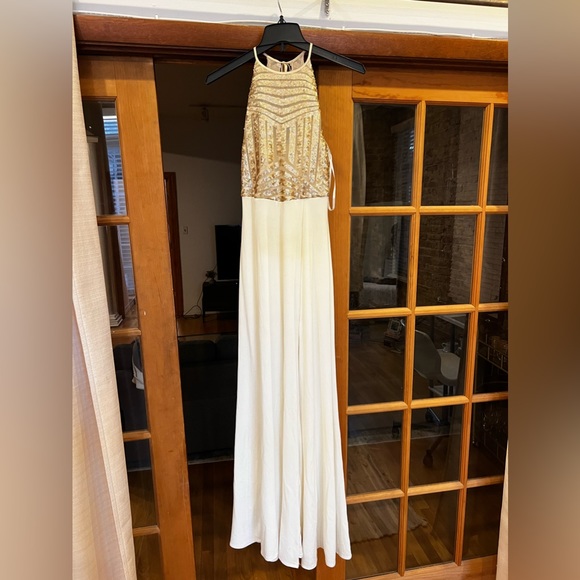 White and gold sequin halter top prom dress - Picture 2 of 3